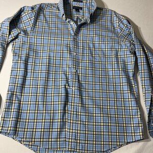 Lands End Mens No Iron Twill Plaid Button-Down Shirt Blue Yellow Size L